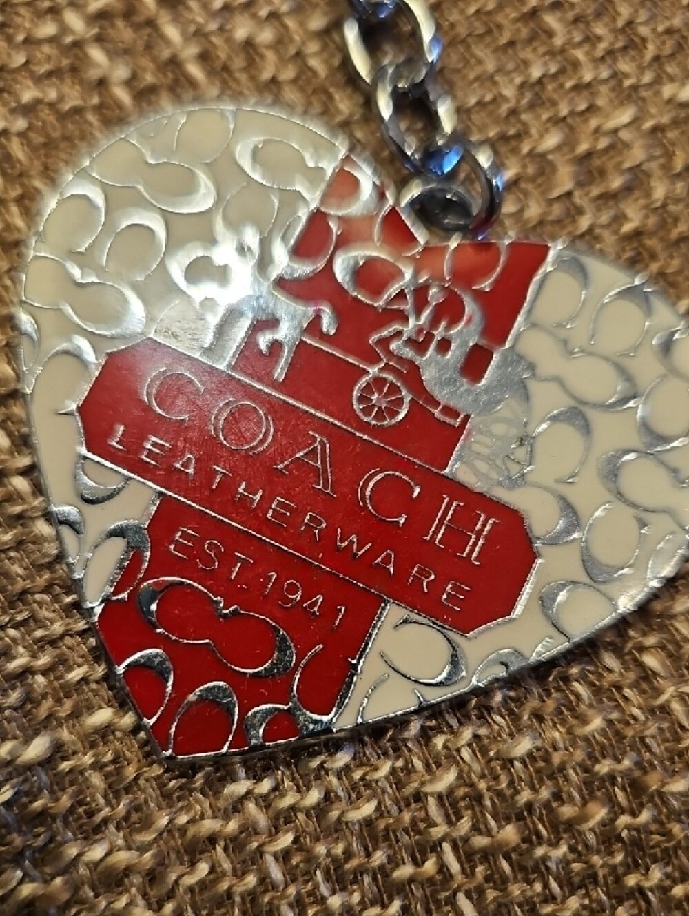 Coach Red & Silver Heart Keychain with Signature Pattern - Picture 2 of 4